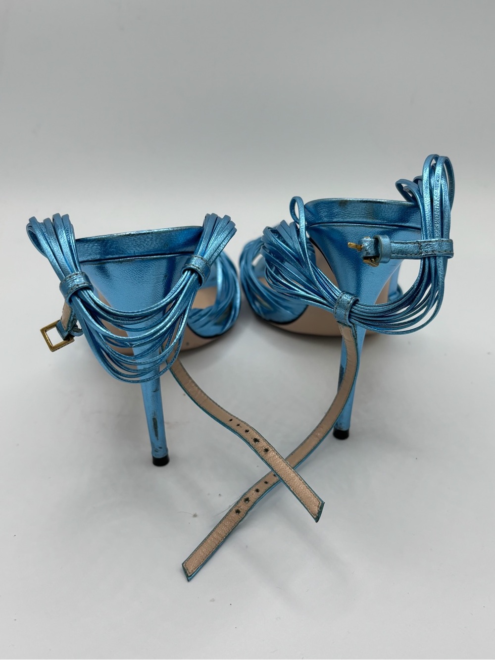 Gucci Allie Metallic Knotted Aqua Blue Ankle Strap Heels - Picture 5 of 7